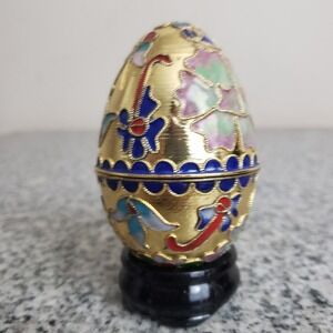 Cloisonne Enamel Egg Trinket Box Floral Gold Tone Decorative Egg w/ Stand‎